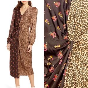 Something Navy Twist Front Long Sleeve Double Printed Midi Dress Leopard Floral